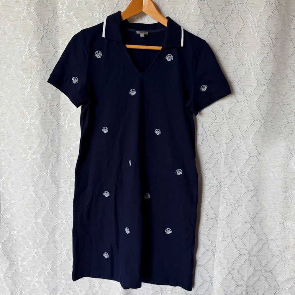 T by Talbots Pique Knit Navy Blue Polo Dress Embroidered Shells Boardwalk Preppy